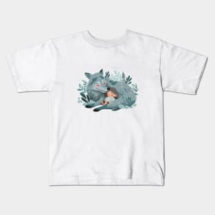 Cute Wolf Animal Loving Cuddle Embrace Children Kid Tenderness Kids T-Shirt